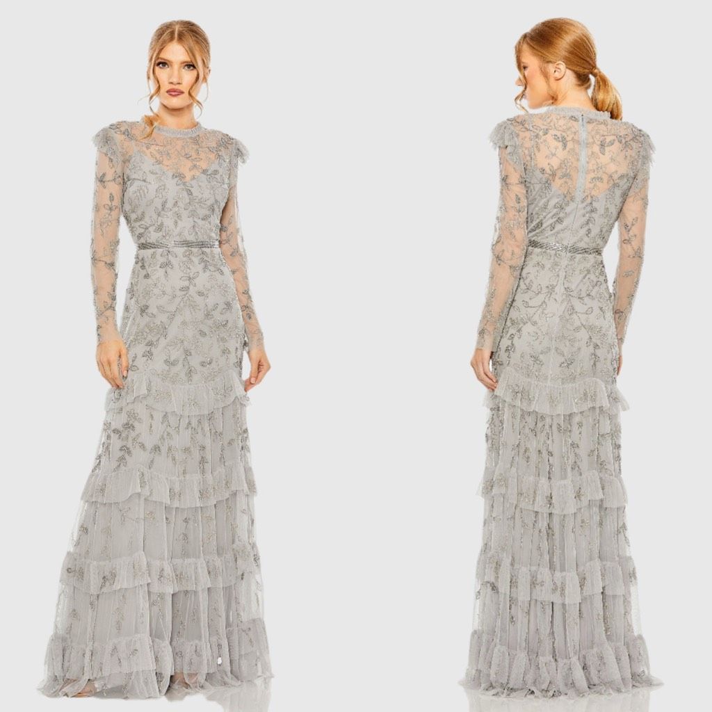 Mac Duggal Silver High Neck Flutter Cap Tiered Embellished Gown Us 8 $798